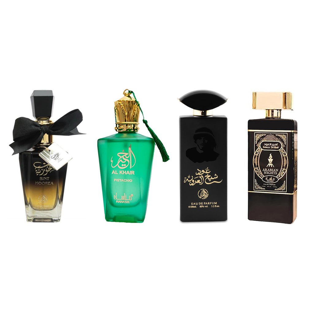 Set 4 Parfumuri Arabesti (2x Barbatesti + 2x Dama) 100ml - Bint Hoorea + Al Khair Pistachio + Shaik Al Aroubah + Arabian Nights