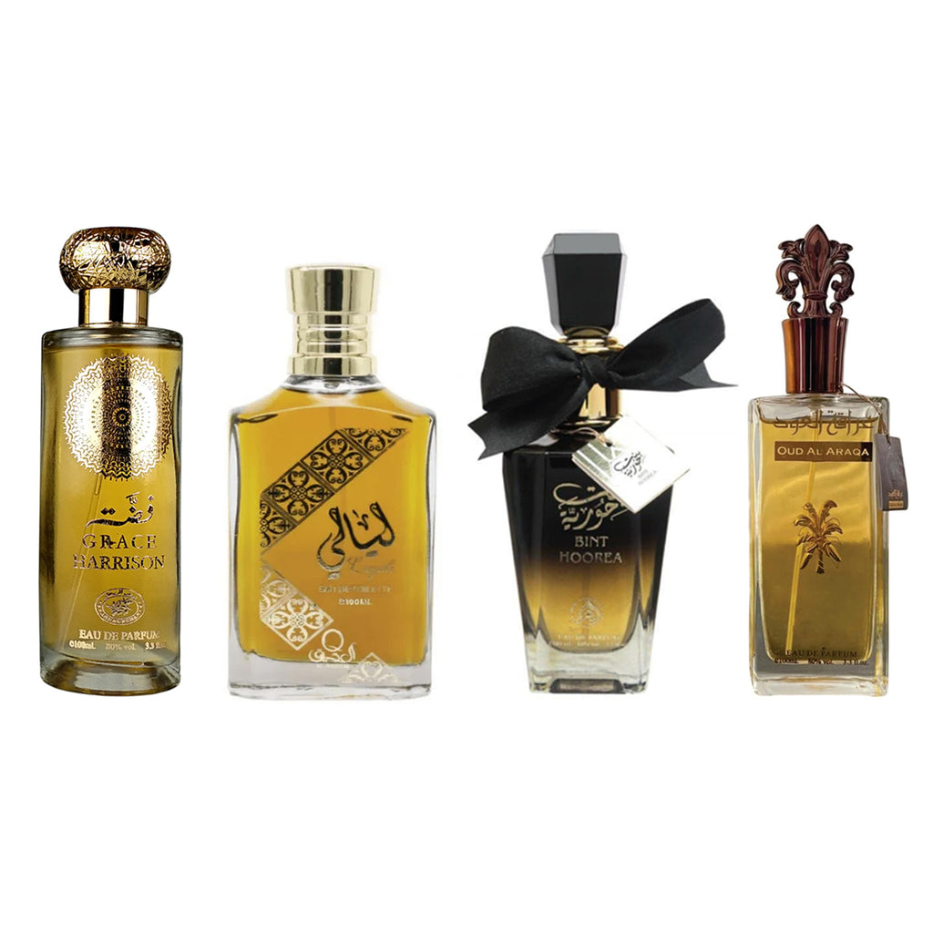 Set 4 Parfumuri Arabesti (2x Dama + 2x Unisex) 100ml - Layali + Bint Hoorea + Grace Harrison + Oud Al Araqa